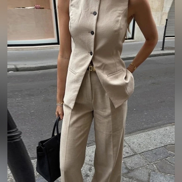 Elegant Vest Pants Sets Women 2 Pieces Sleeveless O-neck Single Breasted Top - Picture 3 of 5